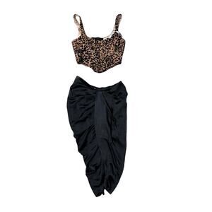 NEW House of CB Jacqueline Leopard Corset Top Miciela Black Satin Skirt Set M